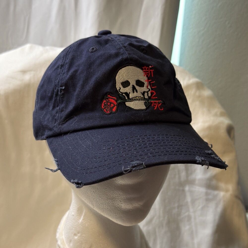 Field Grade Skull Rose Dad Hat Black Distressed Strapback Cap Embroidered Graphi